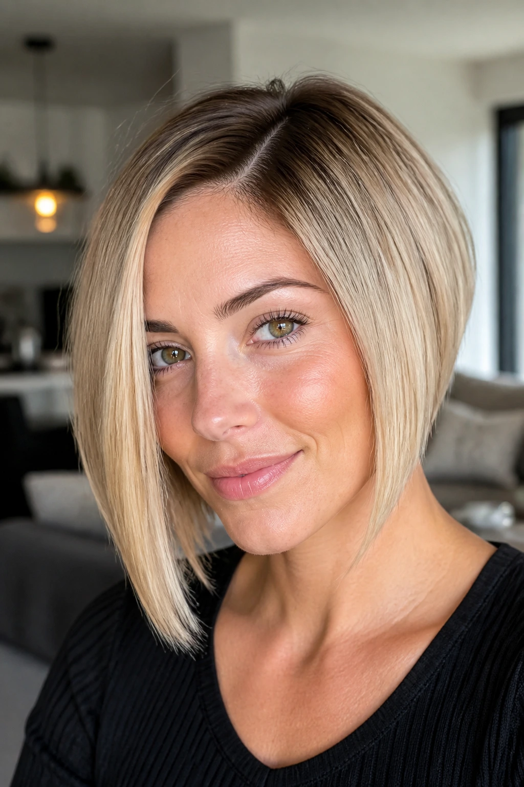 Close-up portrait of a real woman with Shadow-Root Blonde Bob showing darker roots and light lengths