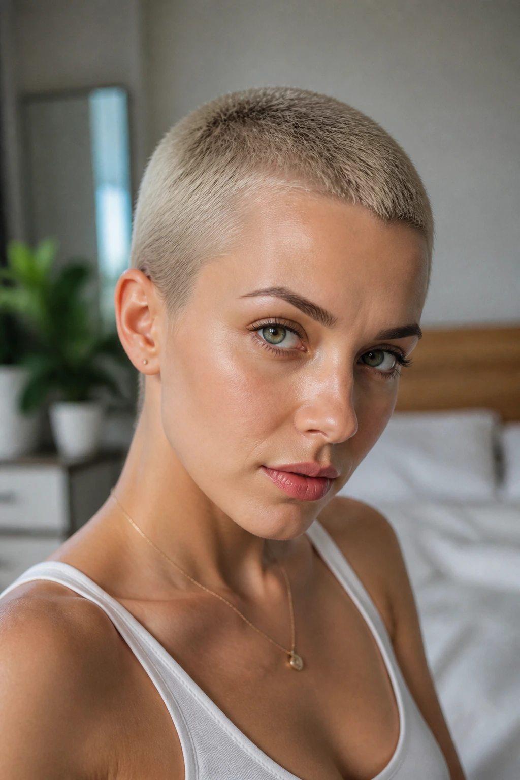 Close-up of a real woman with shadow-root blonde buzz showing dark root