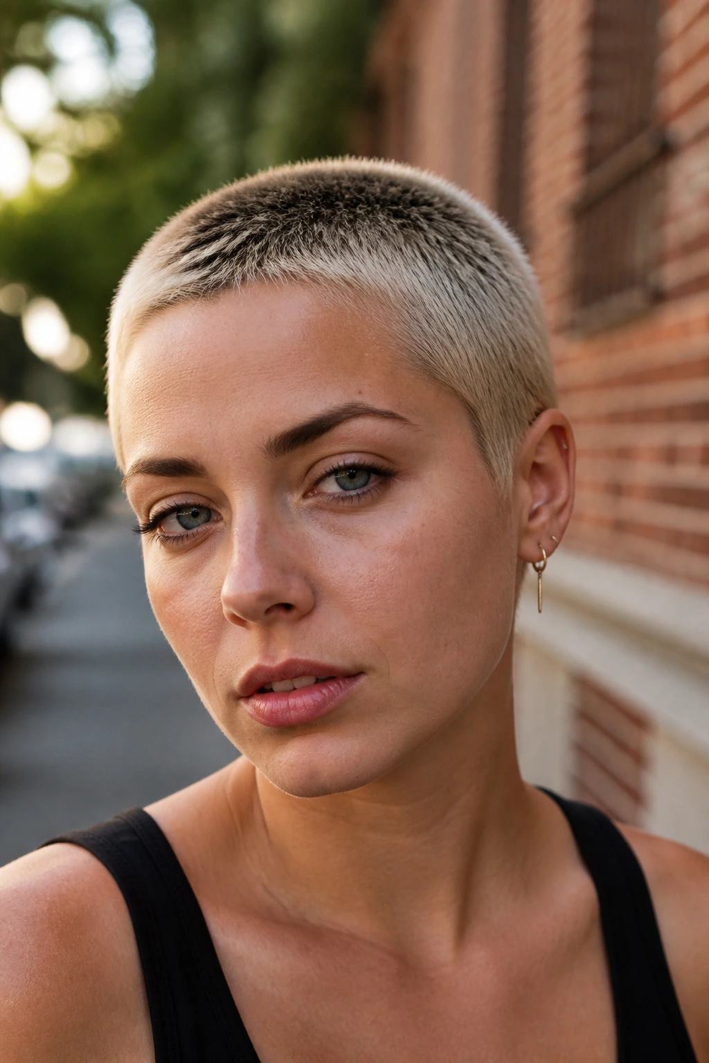 Close-up portrait of a real woman with a shadow-root blonde buzz cut in warm outdoor light