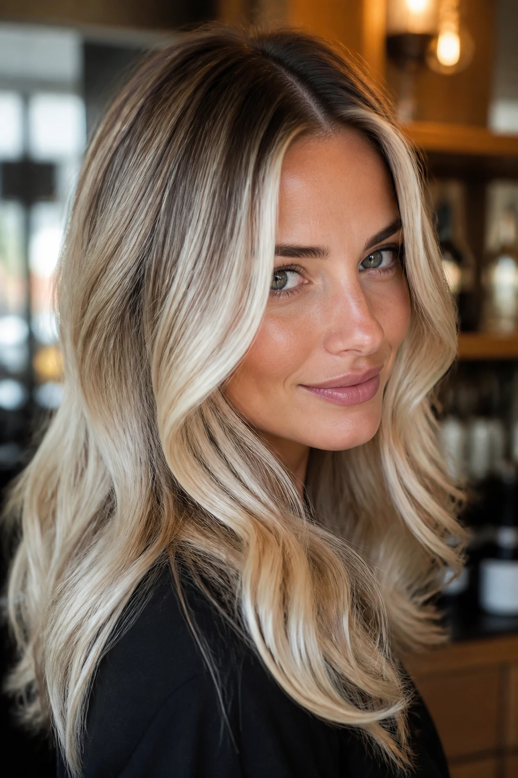 Close-up of a real woman with a dark shadow root and bright blonde hair