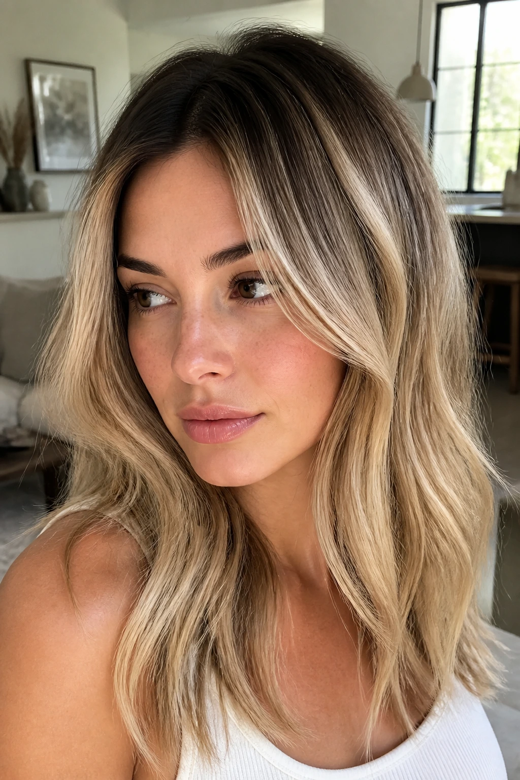 Close-up portrait showing shadow root blonde concept on a real person