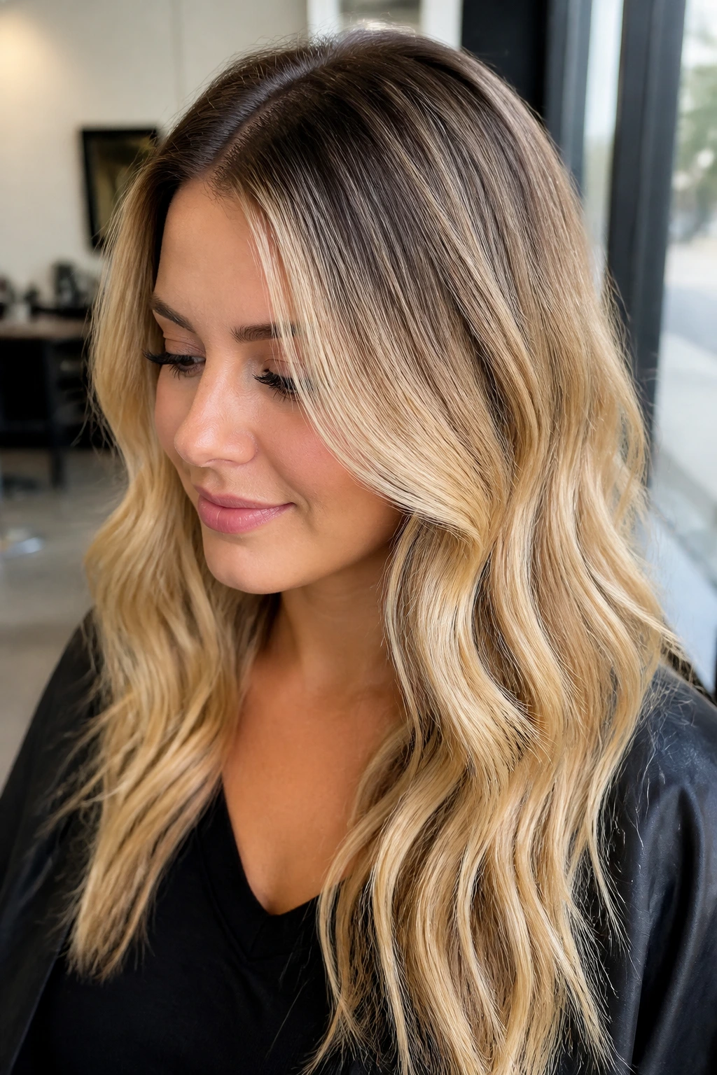 Close-up of real woman's shadow root blonde with soft root blend