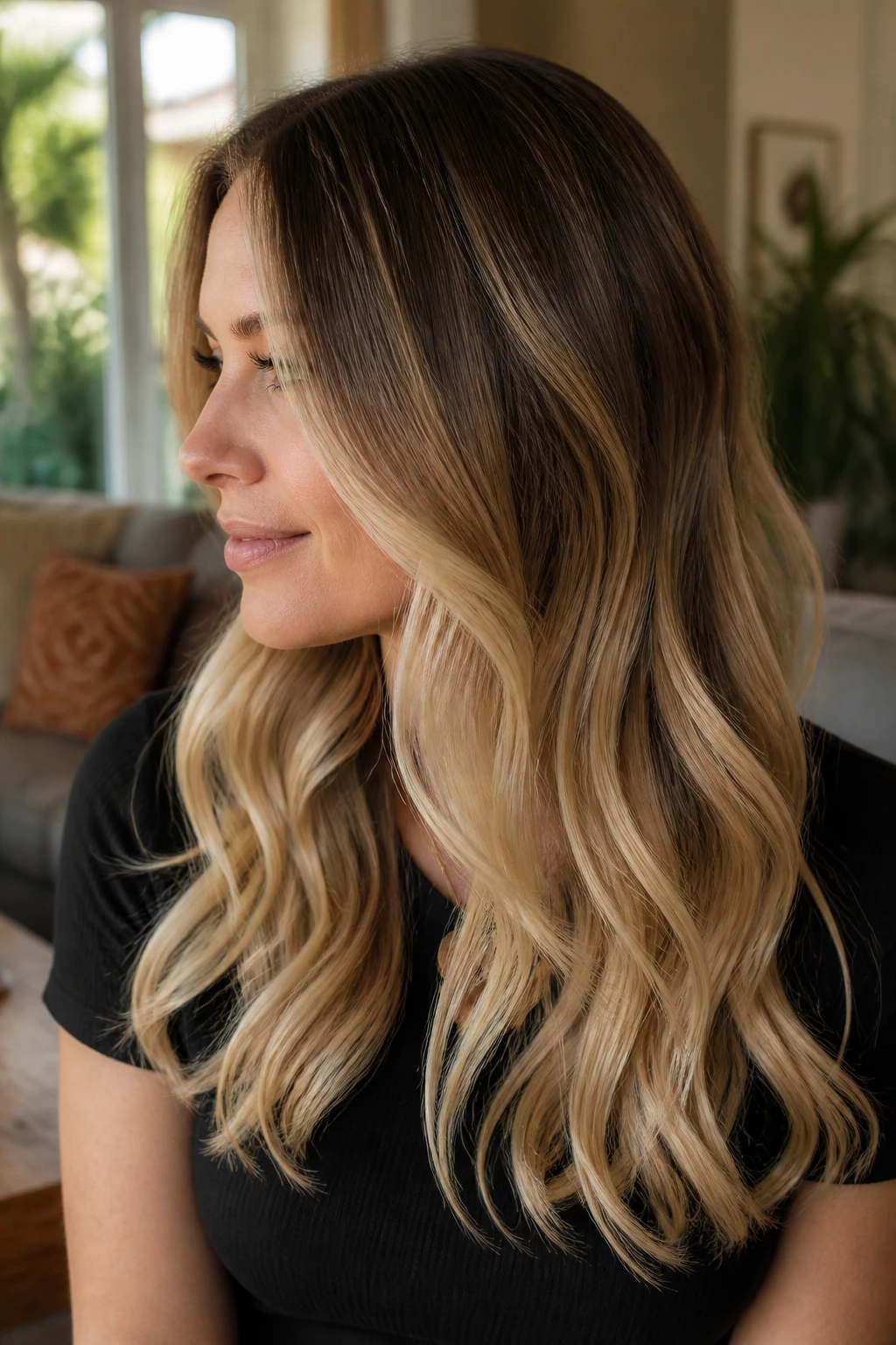 Side-profile of long hair with soft shadow root and bright ends