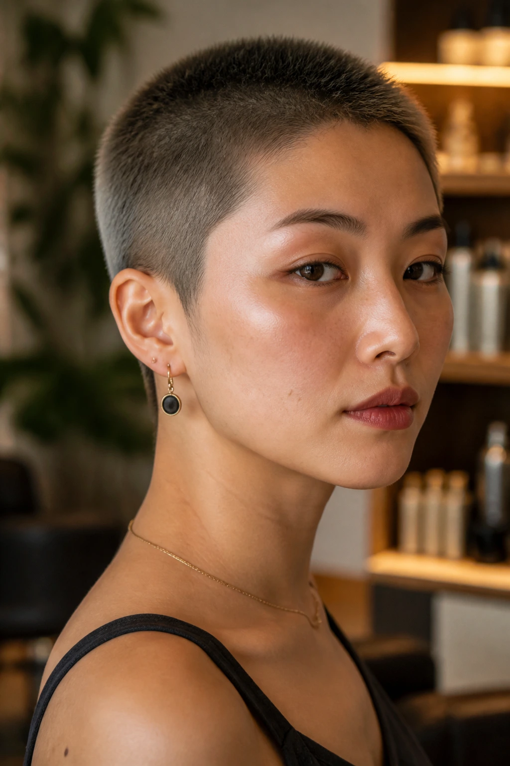 Shadow-root buzz cut on real woman showing dark roots soft transition