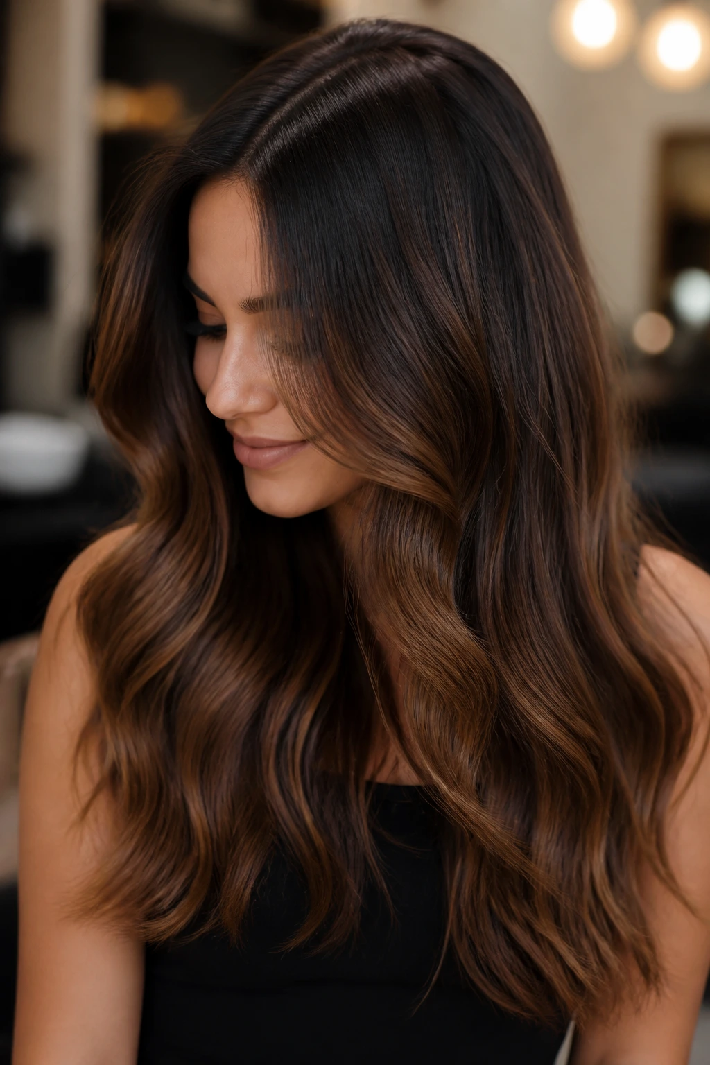 Close-up of brunette hair showing cocoa melt and shadow root