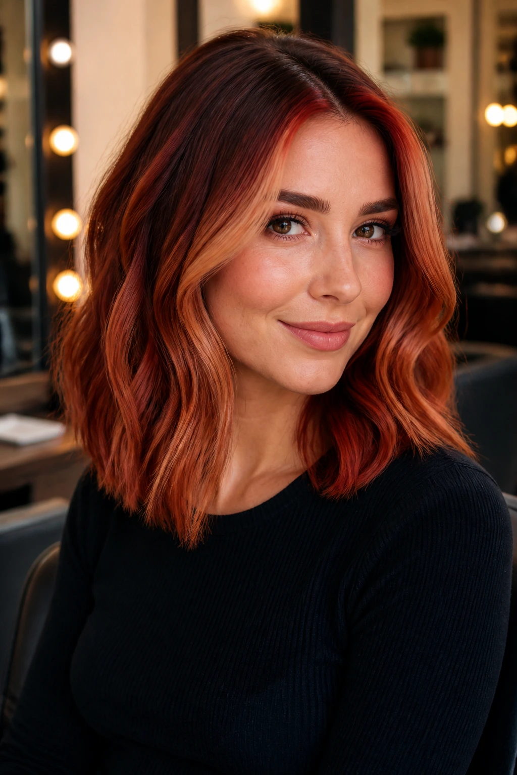 Real person with red hair showing a shadow root and face-frame highlight in a salon