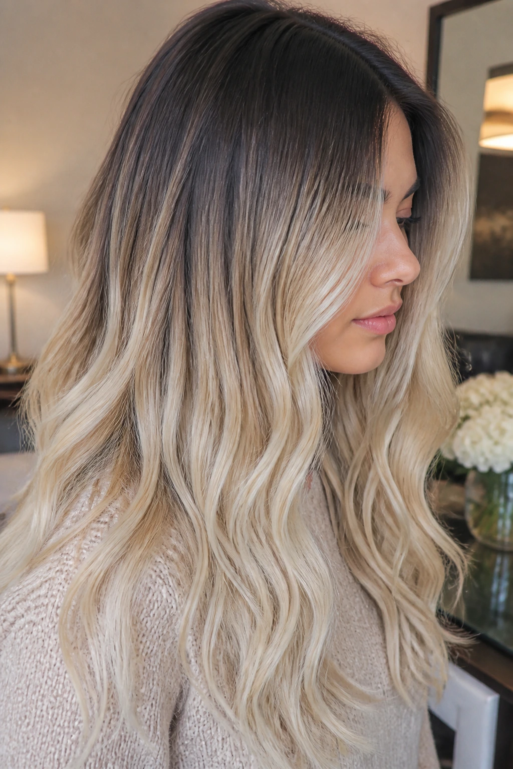 Close-up of a real woman with shadow root to creamy vanilla ombre
