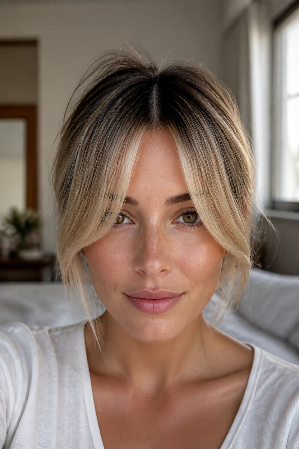 Close-up of shadow-root curtain fringe on a real person with dark roots and light front pieces.