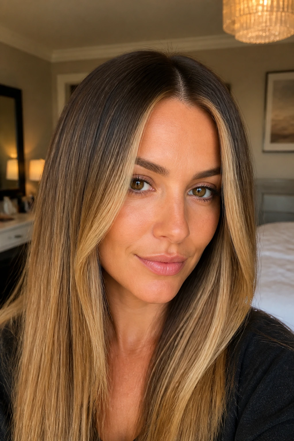 Close-up of hair showing shadow root and lighter front pieces