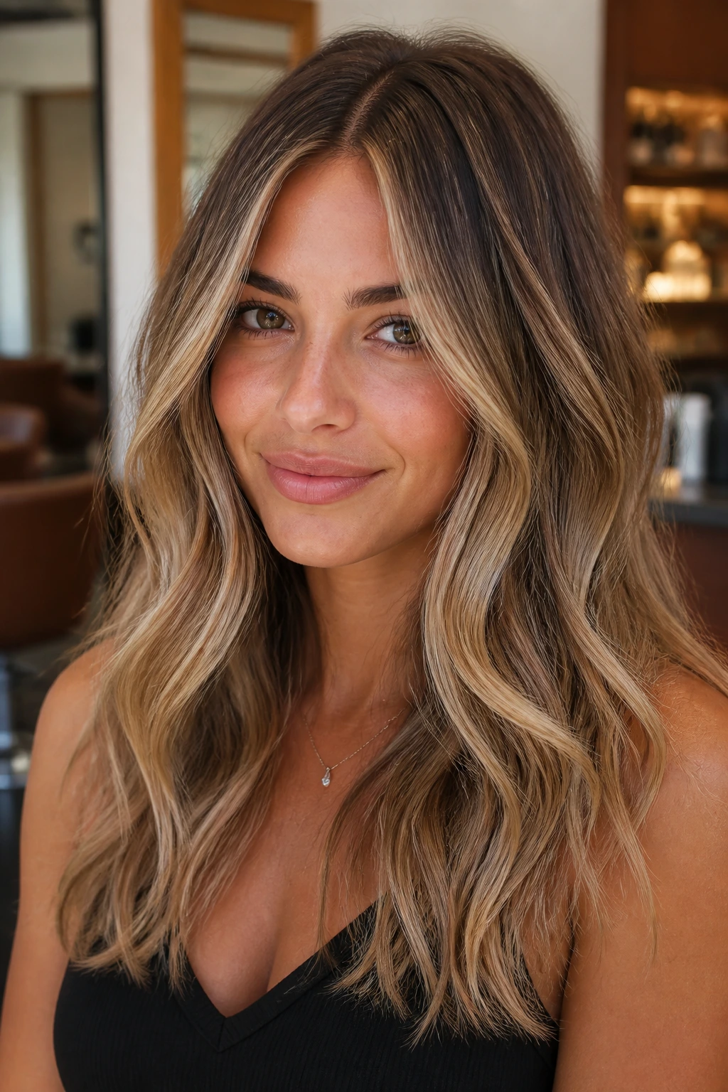 Portrait of a real person showing a shadow-root blend with highlights across the hair