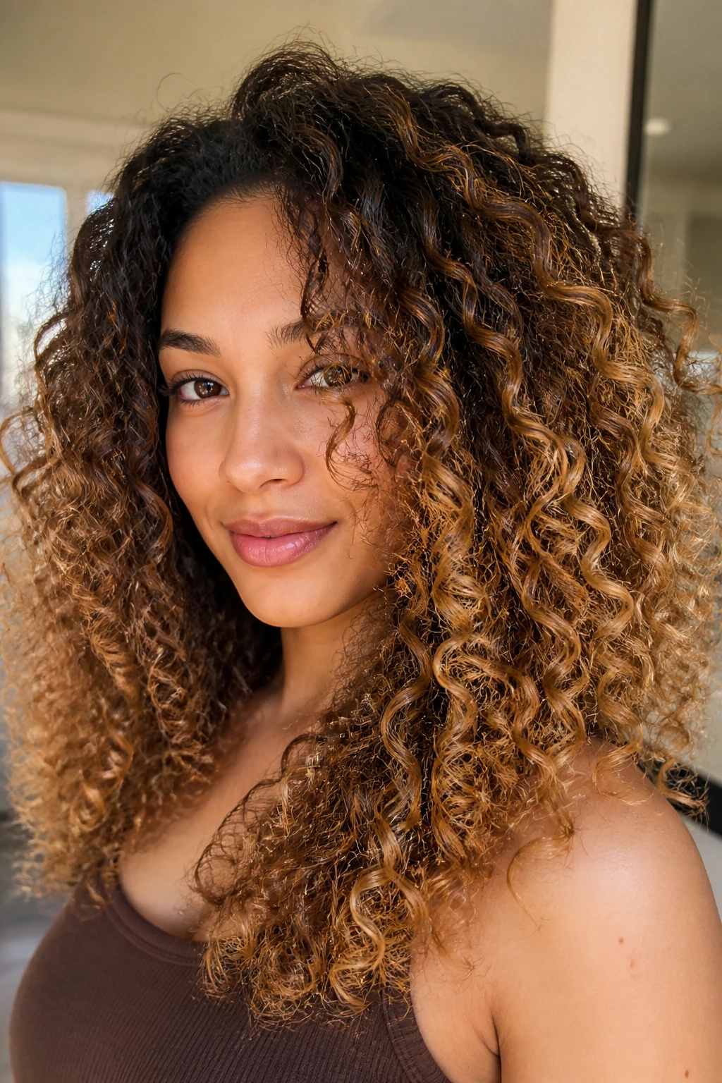 Close-up of curly hair with shadow-root honey sombre transition