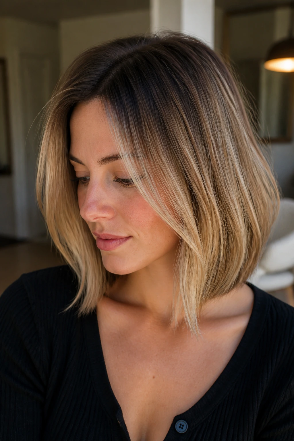 Portrait of a real woman with a shadow-root lob and darker roots