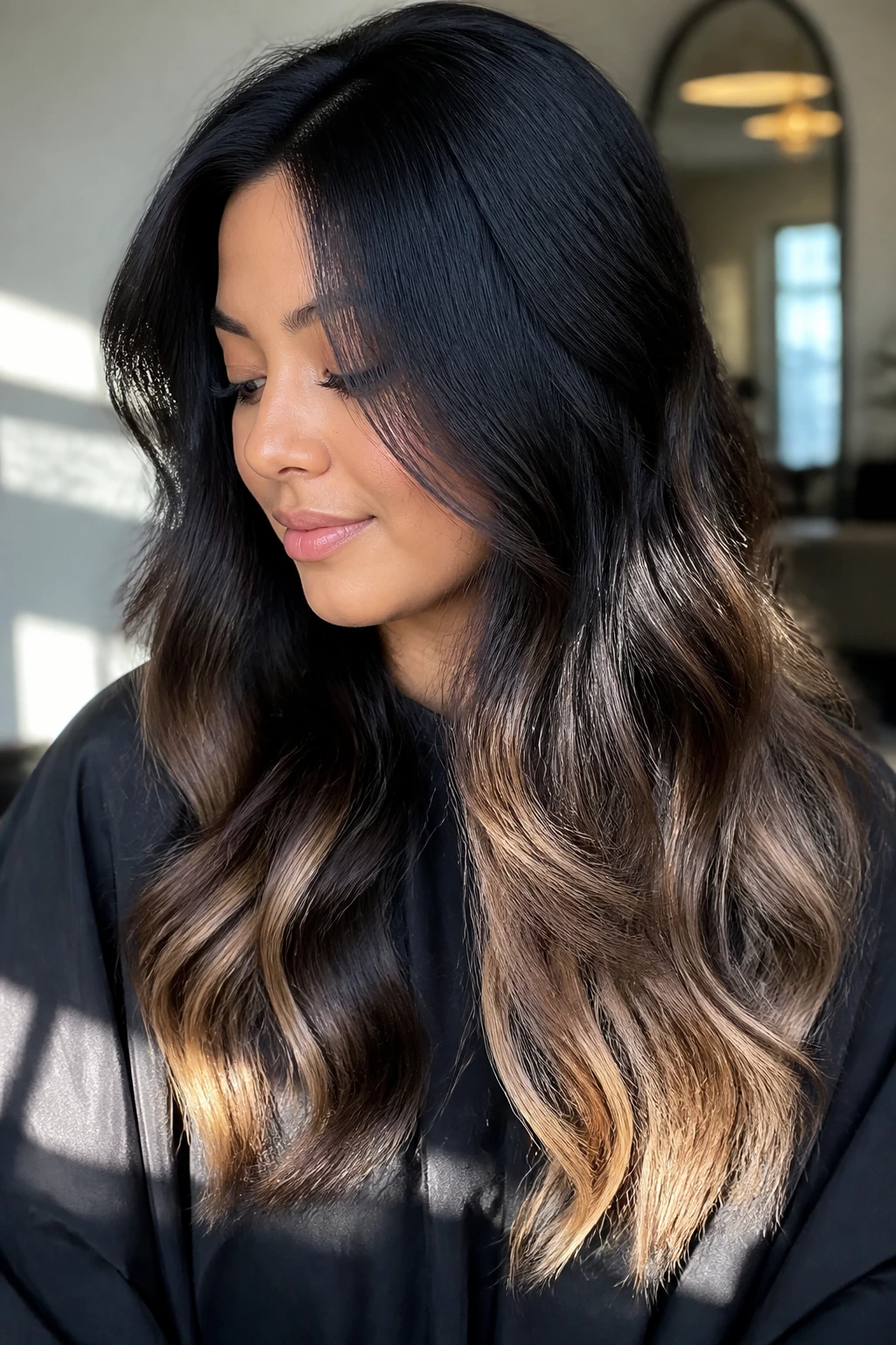 Close-up of shadow root with luminous ends on black hair.