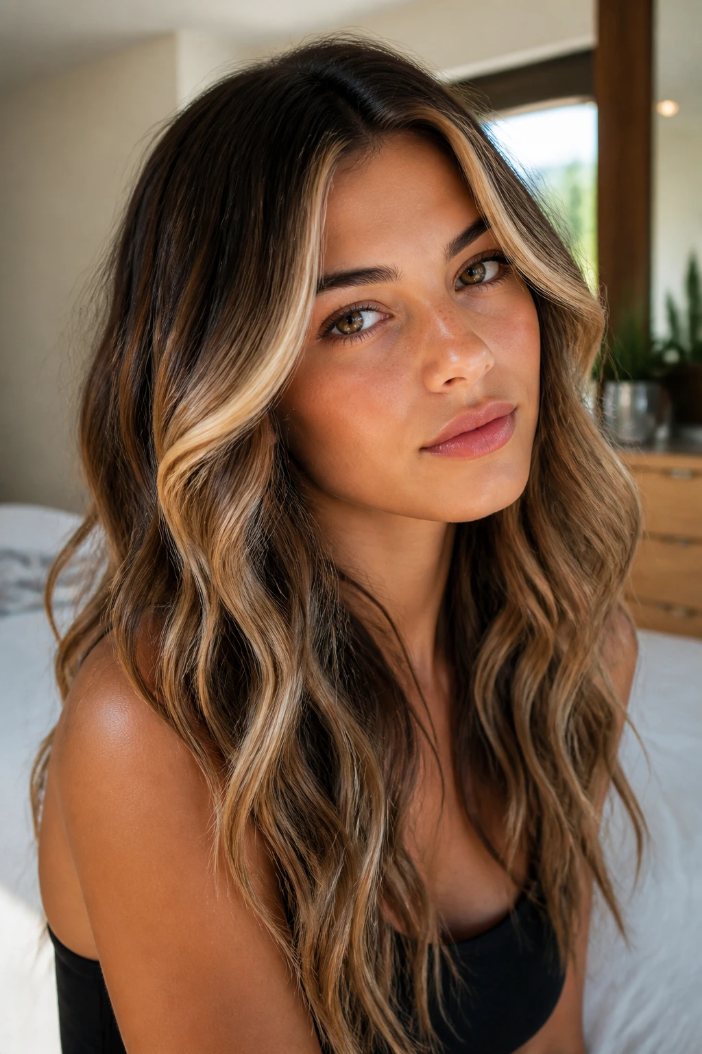 Portrait of a woman with a shadow-rooted face frame on wavy hair in soft daylight