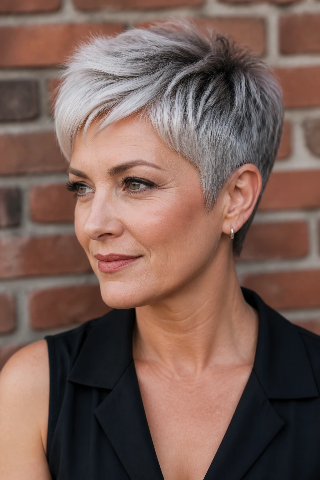 Head-and-shoulders of a woman with shadow-root silver pixie