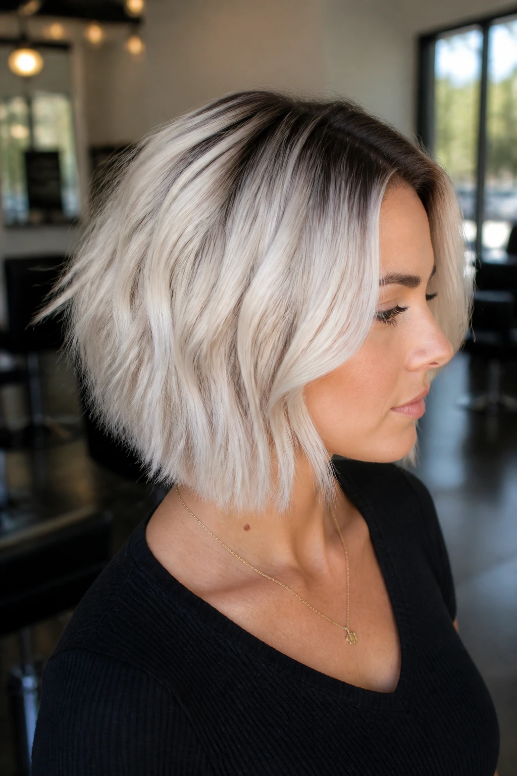Portrait of platinum hair with deep shadow root and bright lengths
