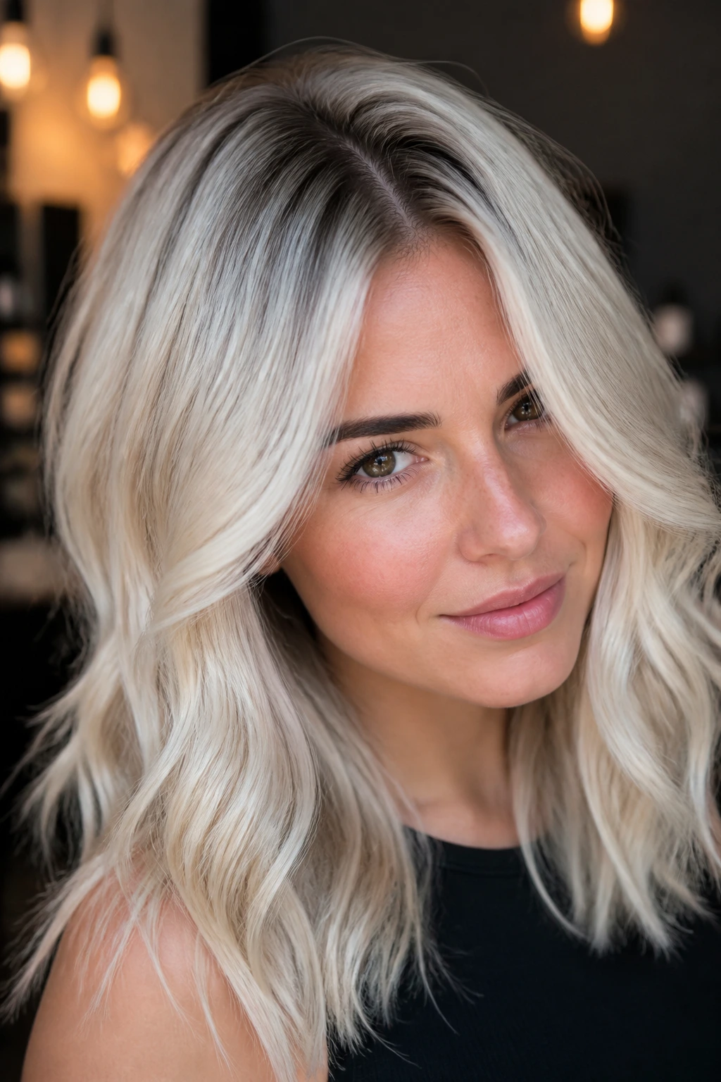 Portrait showing platinum hair with a subtle shadow root for soft contrast