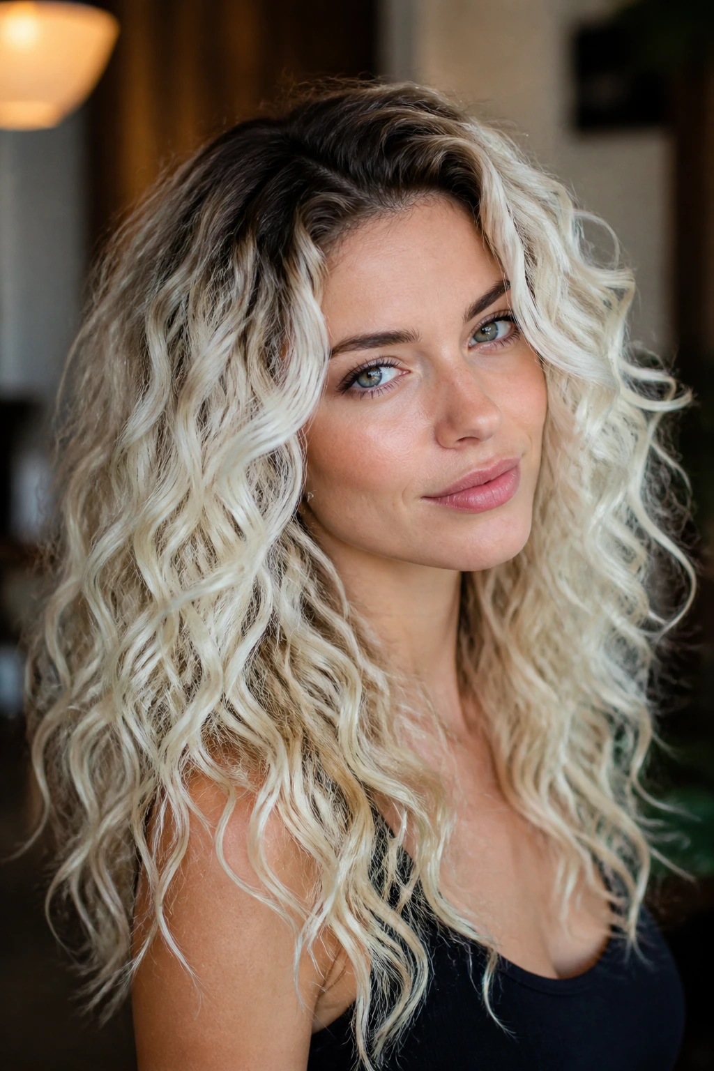Real woman with long curls showing dark roots fading to platinum blonde
