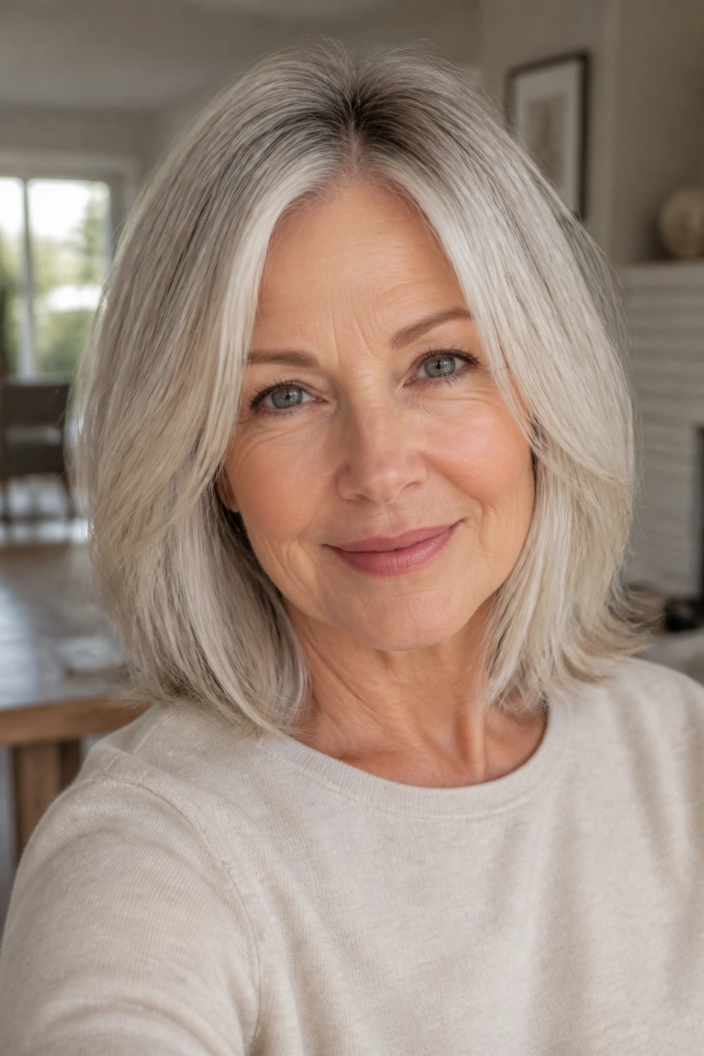 Older woman with shoulder-length silver-blonde hair and shadow root in a sunlit home.