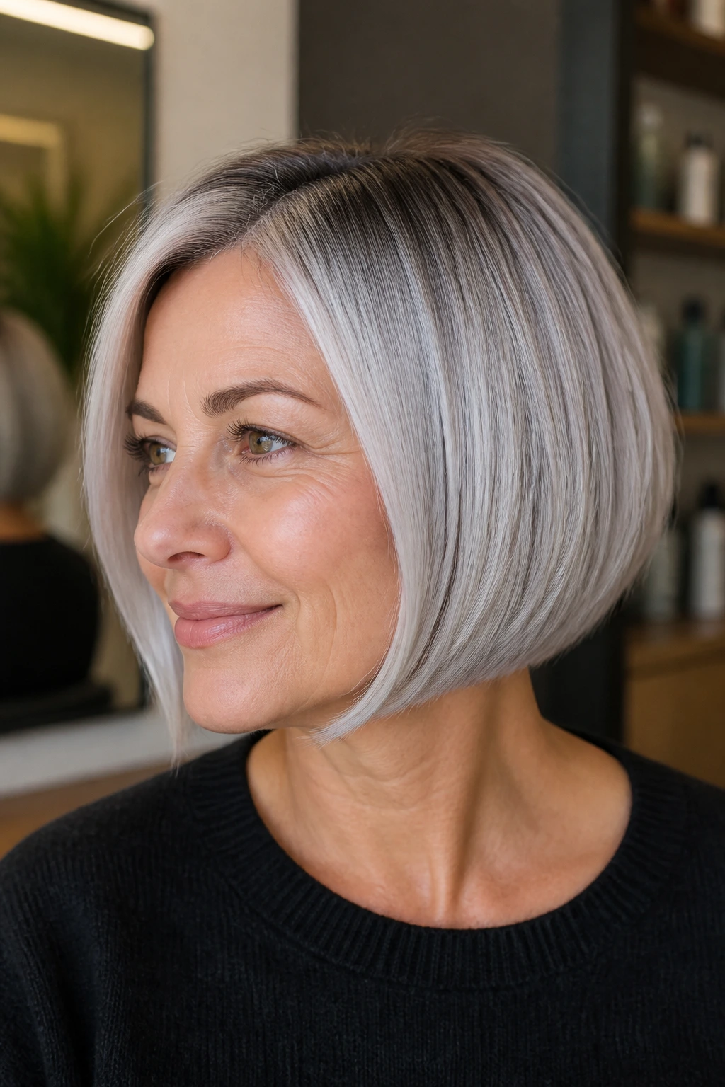 Portrait of a real person with a silver bob and a darker shadow root for depth and dimension.