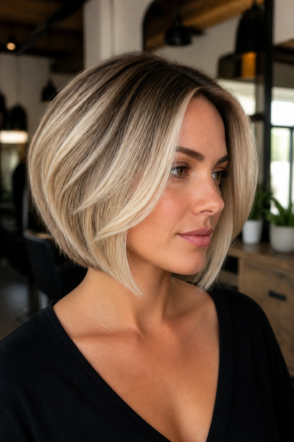 Close-up of a stacked blonde bob with a shadow-root money piece at the front in a salon backdrop