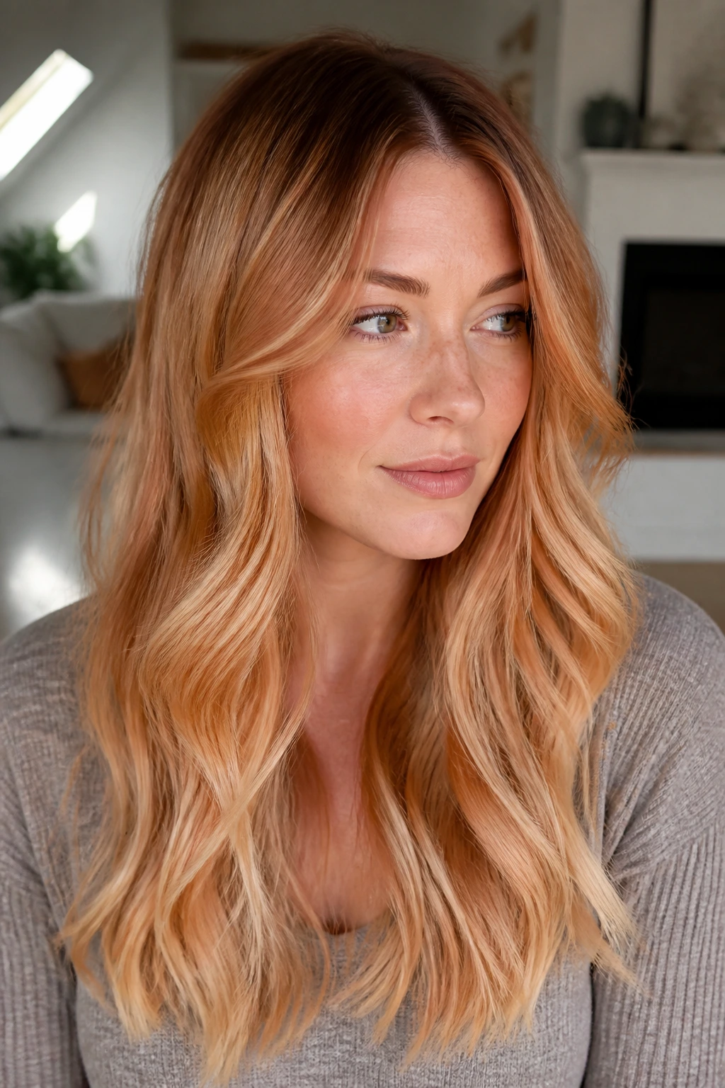 Real woman showing shadow-root melt on strawberry blonde hair with darker roots and warm ends.
