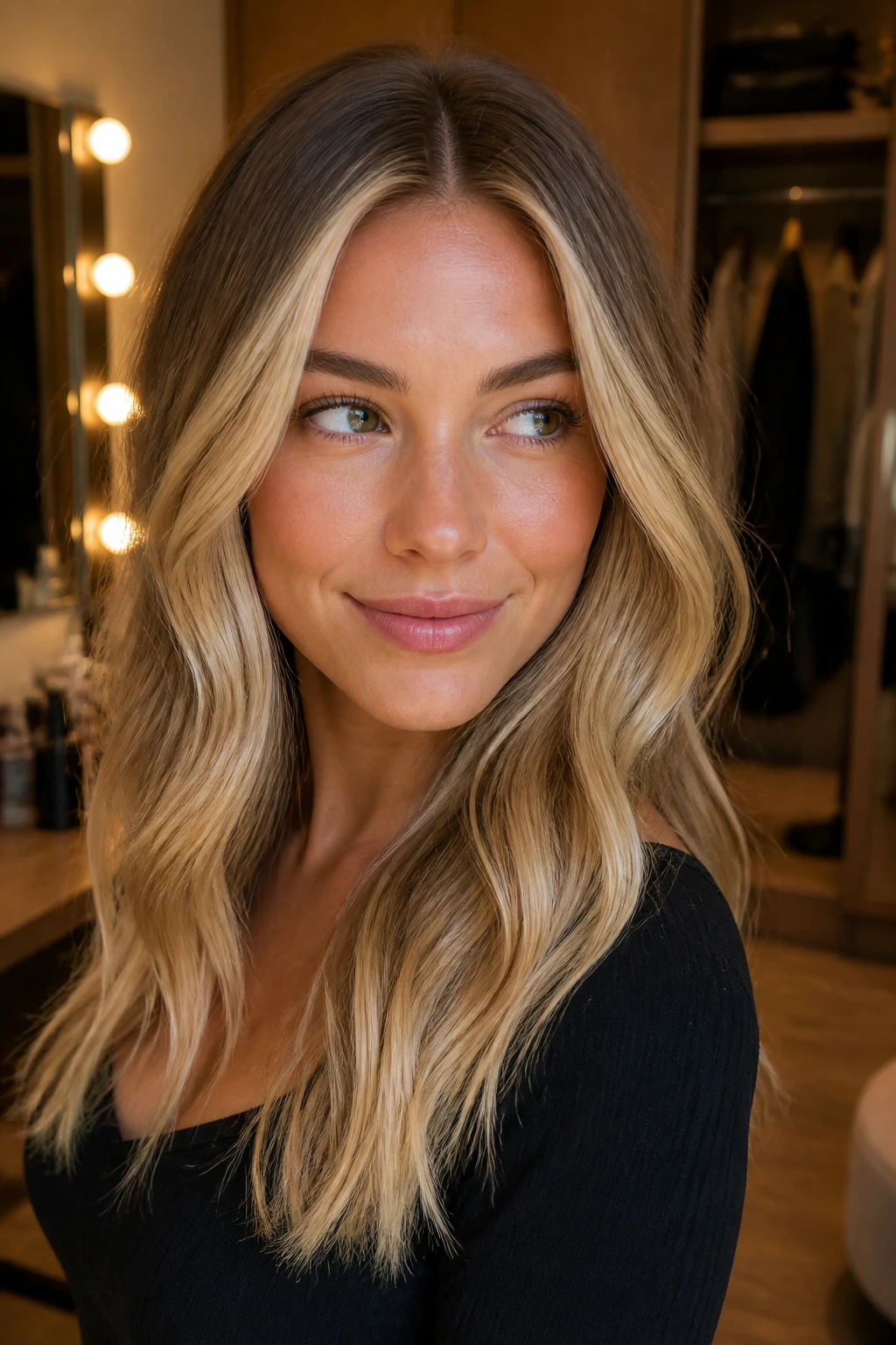 Portrait of a real woman showing a money-piece variation in shadow root blonde front ribbons.