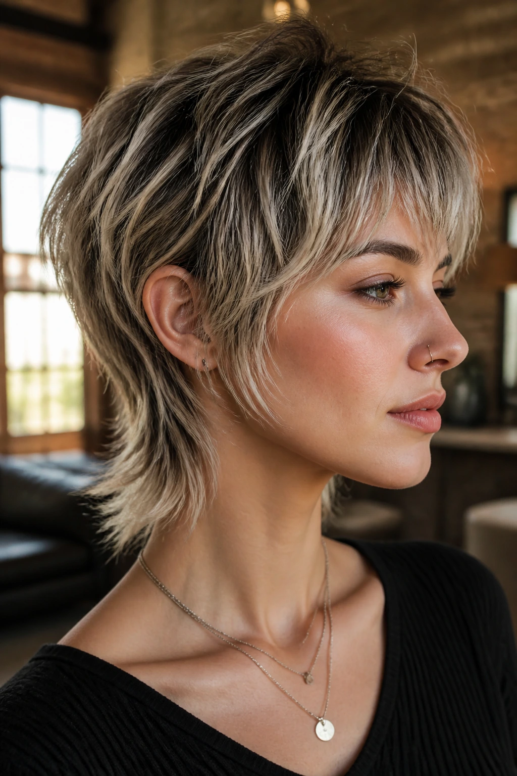 Close up of real person with shadow-root wolf cut in a cozy loft