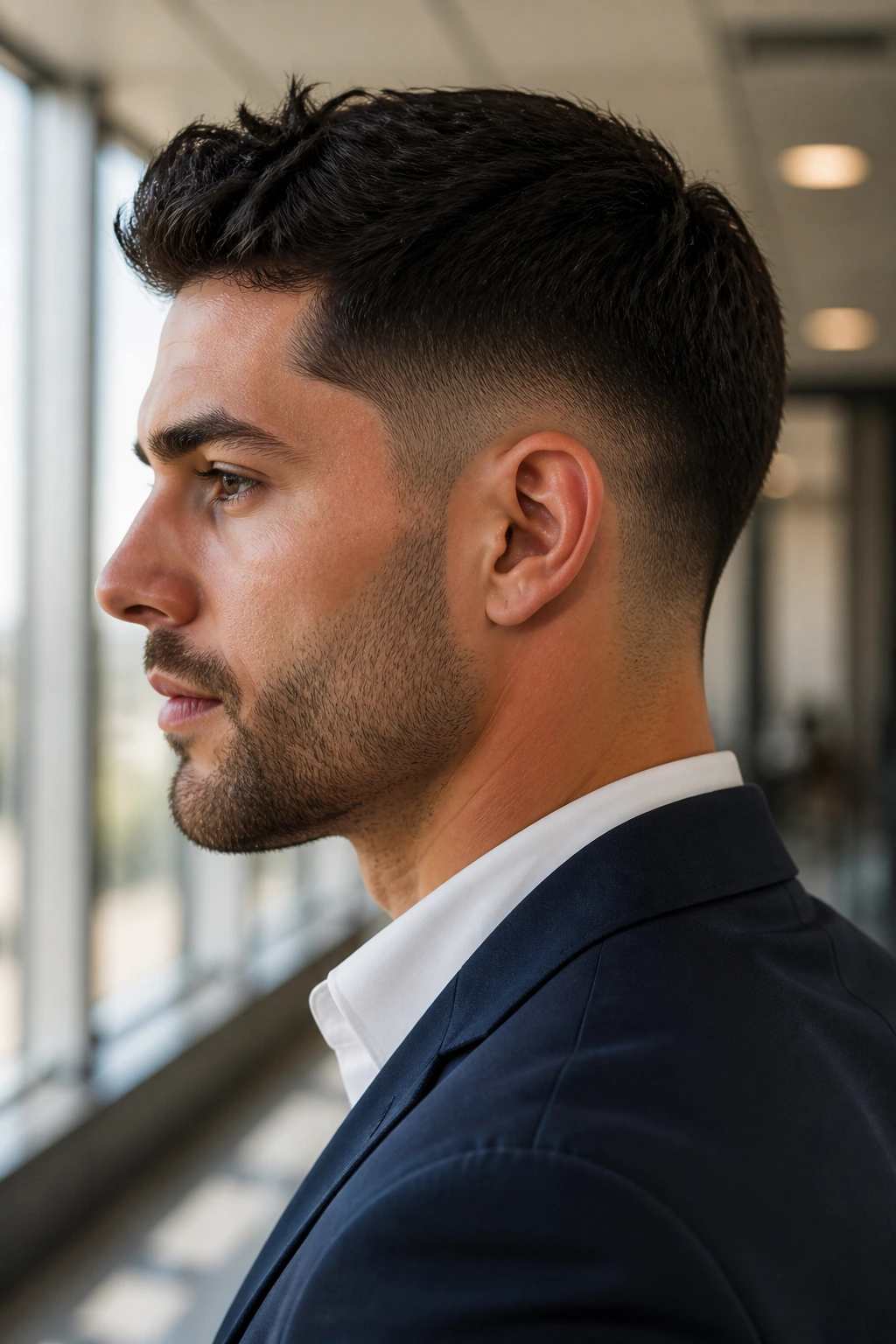 Close-up portrait of a man with shadow taper haircut in an office setting