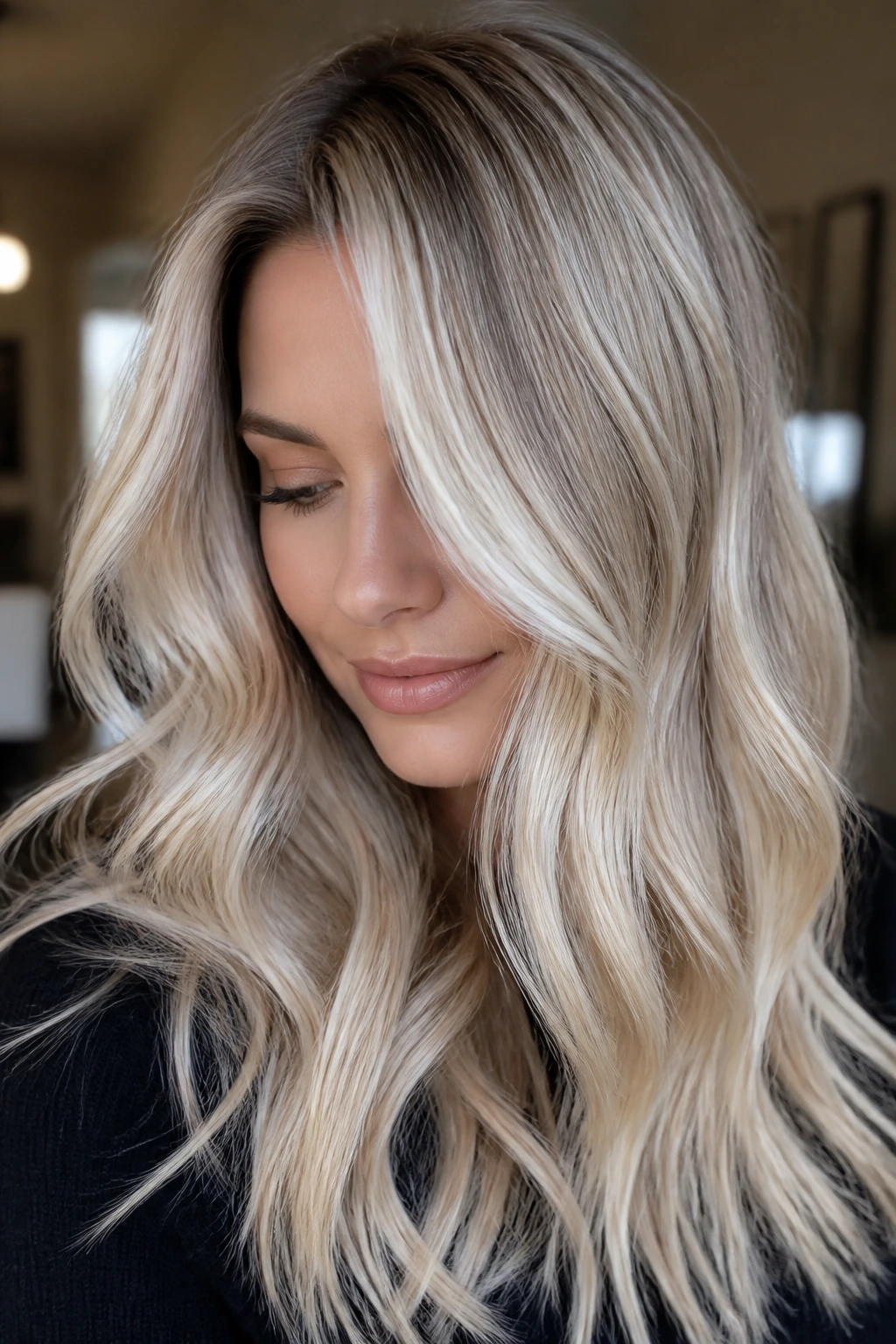 Close-up of shadowed pearl blonde with soft root melt on a real woman.