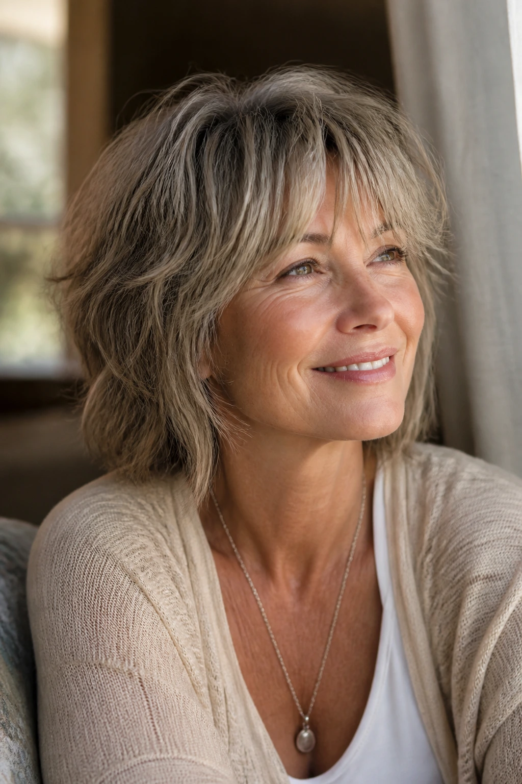 Portrait of a woman over 50 with a flattering shag cut in warm light