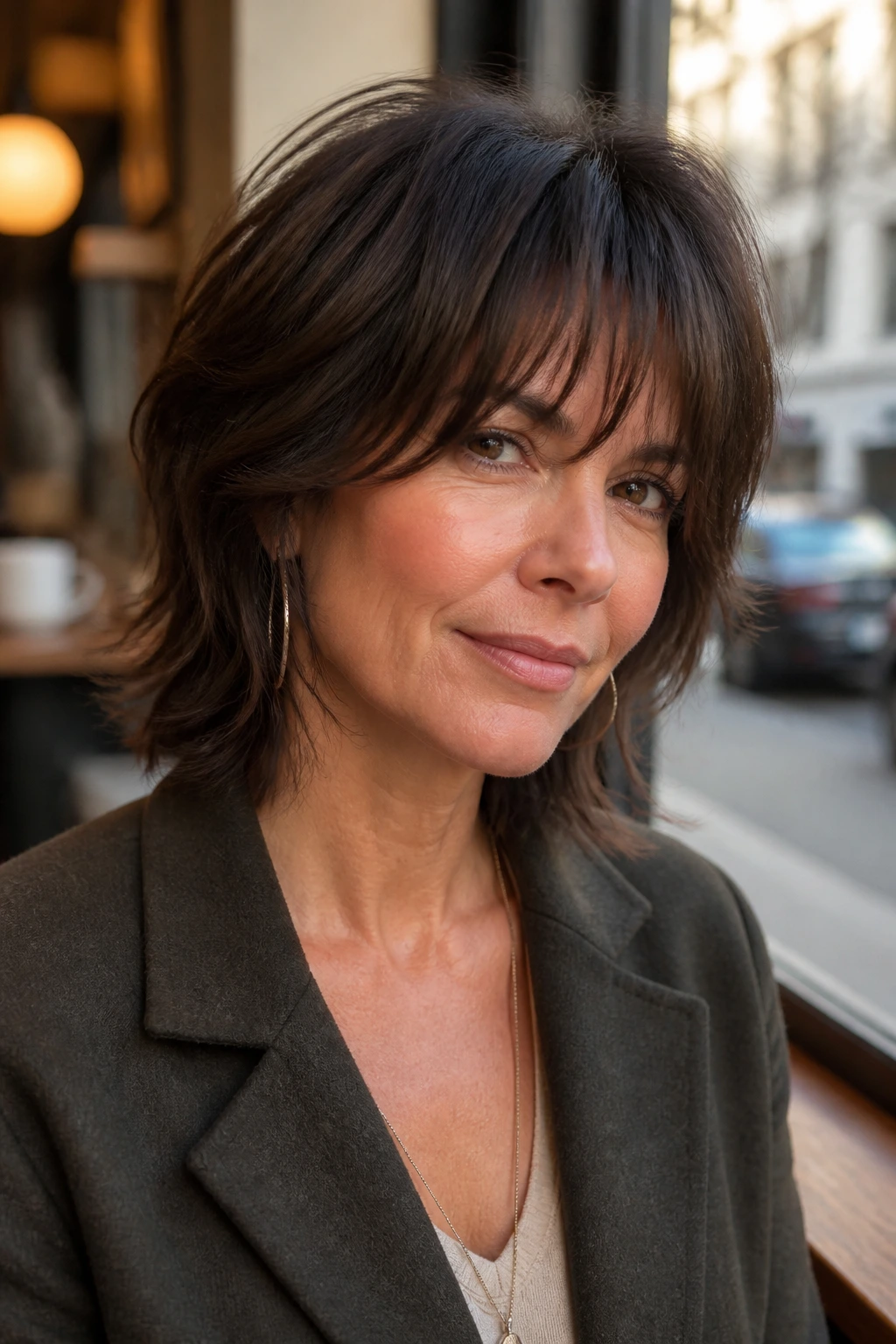 Close-up portrait of a real woman wearing French Shag with airy bangs in a cafe window light.