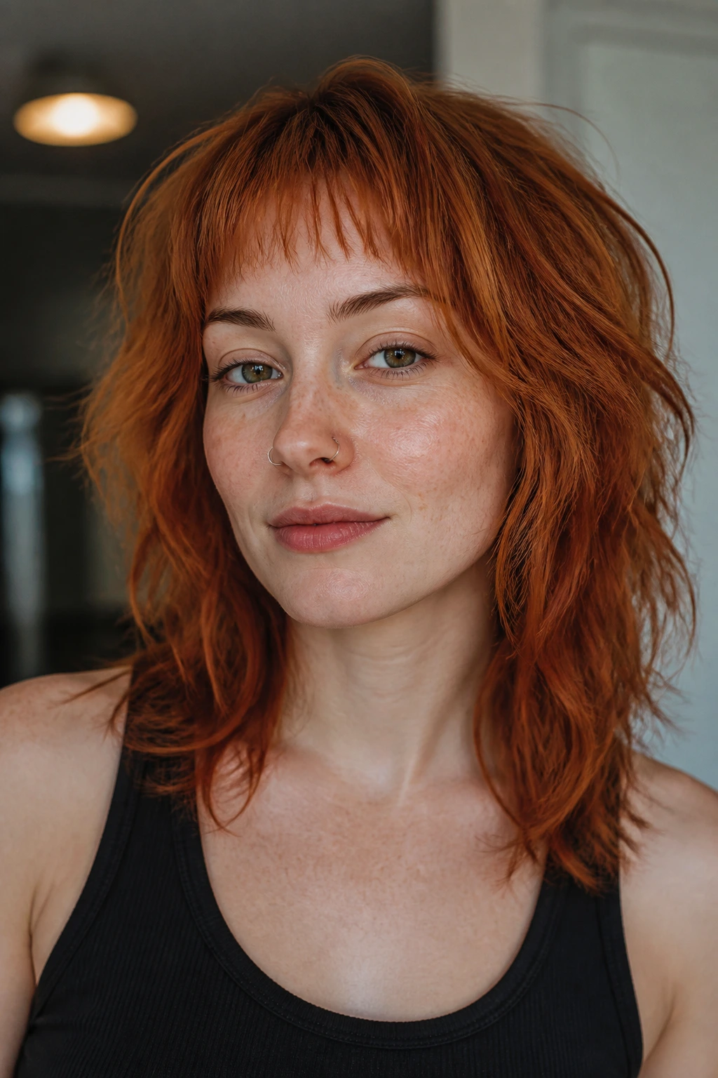 Close-up portrait of real person with shag haircut featuring baby bangs