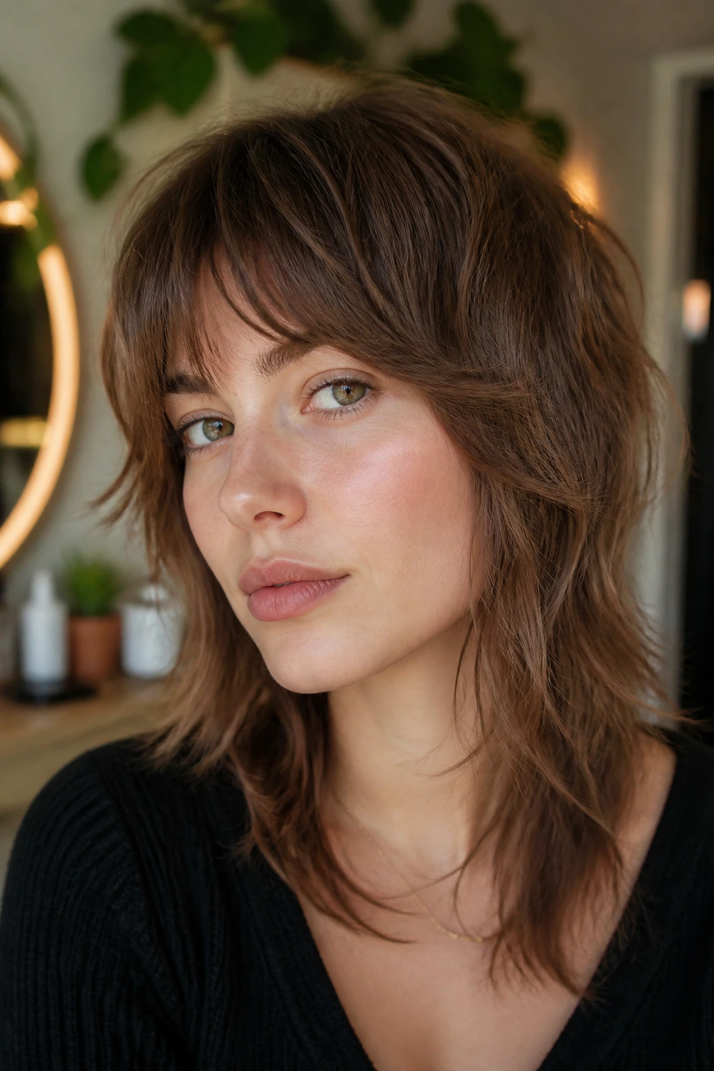 Close-up of a real woman with shag bangs blending into the haircut