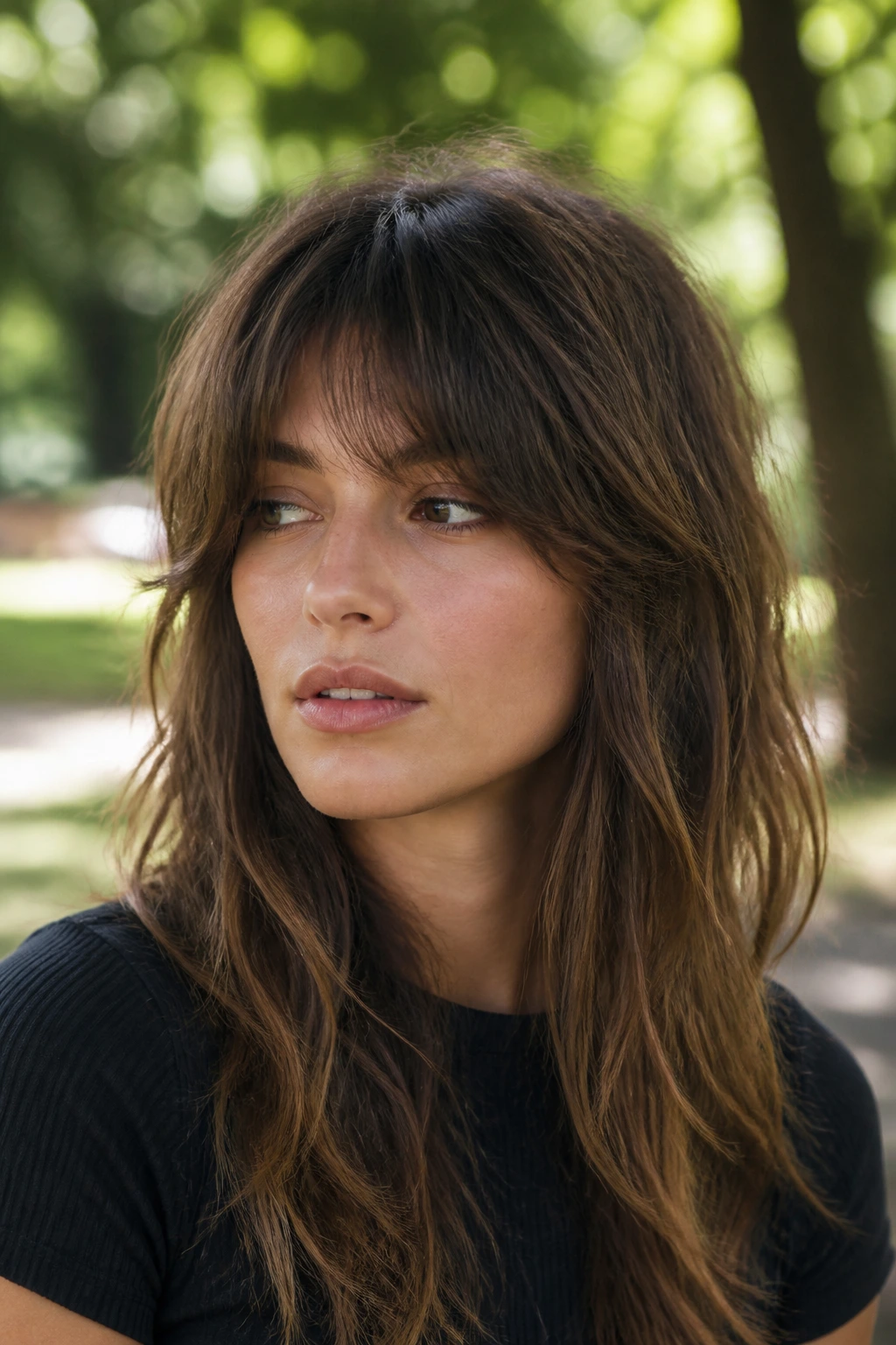 Close-up of a real woman with shag bangs blending into crown layers in natural light