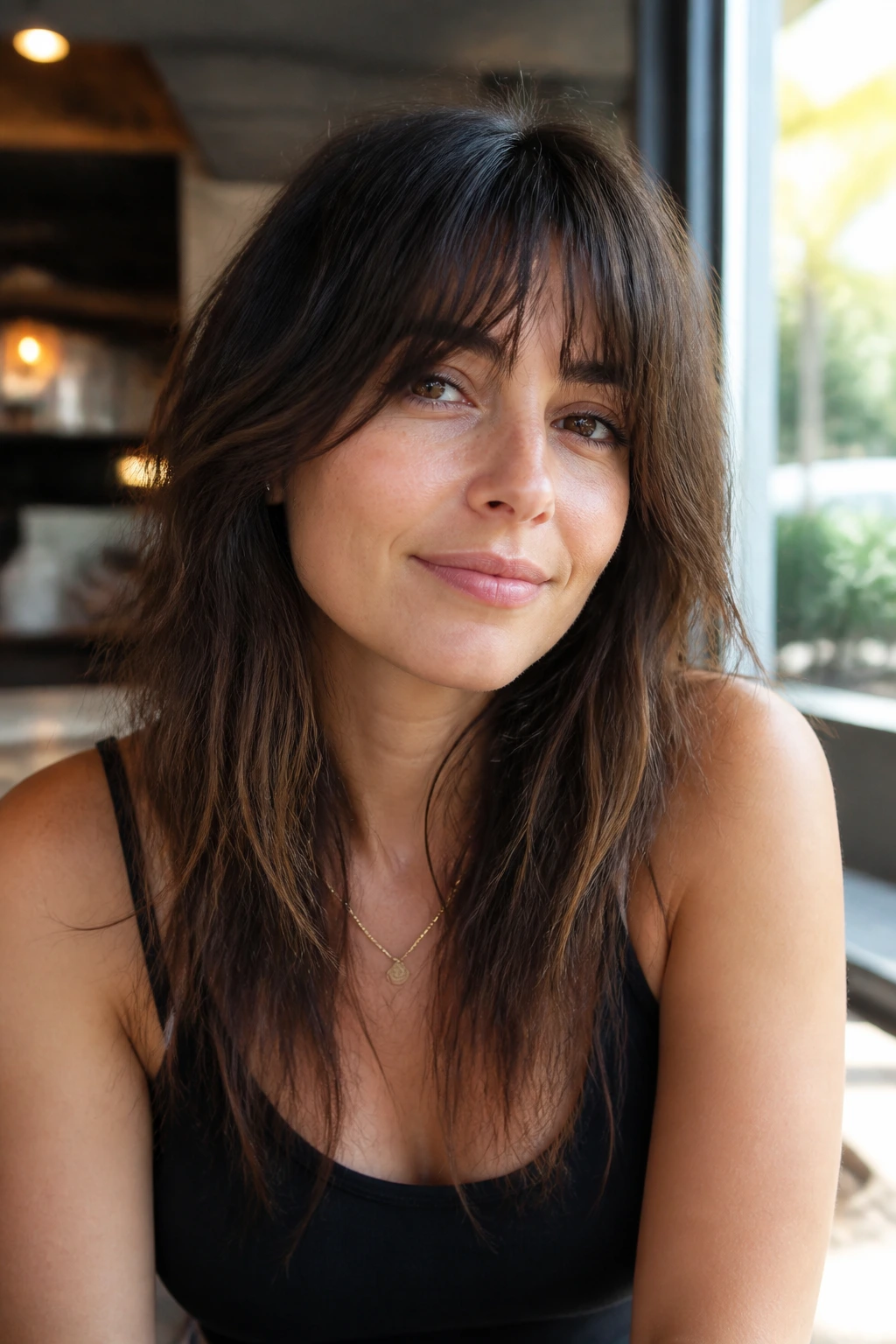 Close-up portrait of a person with grown-out shag bangs skimming the brow