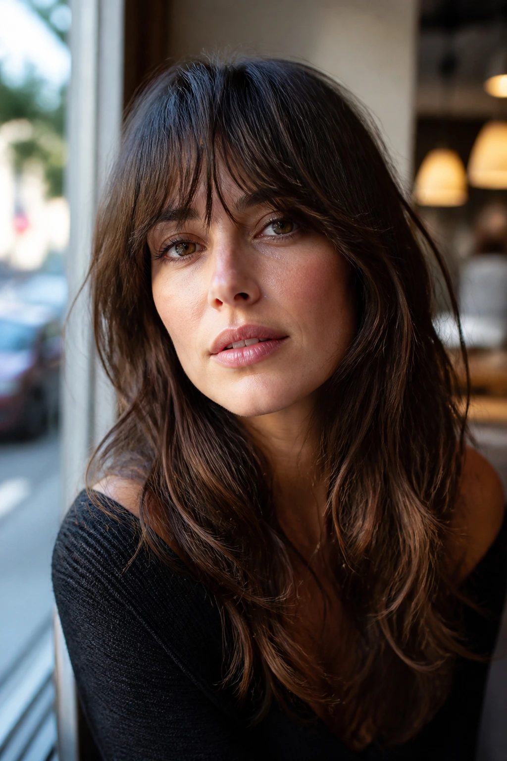 Close-up of a real woman with shag bangs blending into layers in a cafe setting