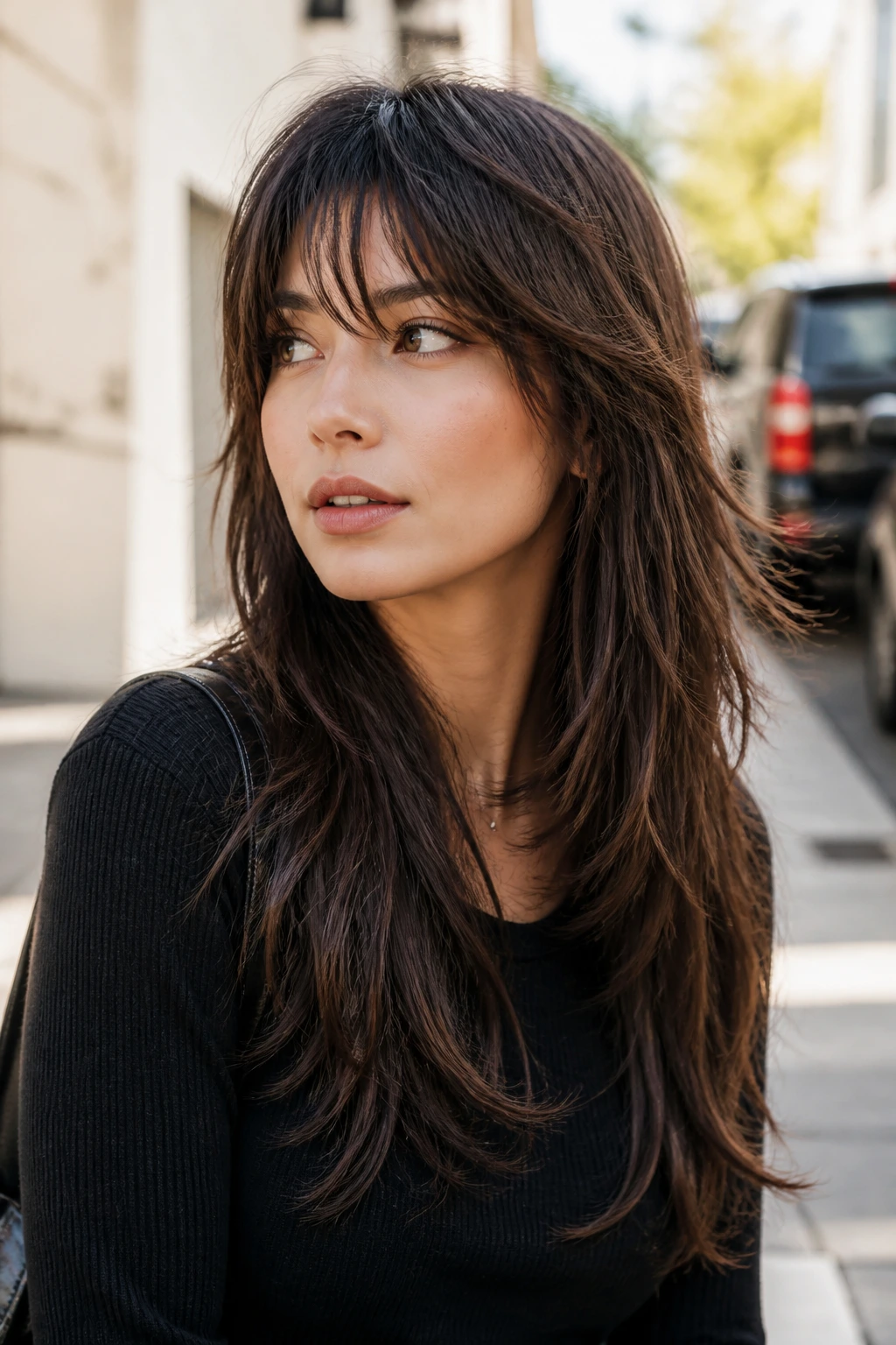 Portrait of a real woman with shag bangs and long layers
