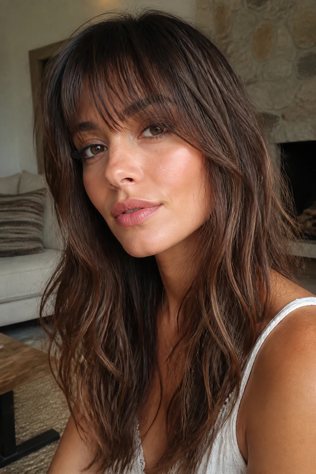 Close-up portrait of a real woman with shag bangs and a soft lived-in finish.