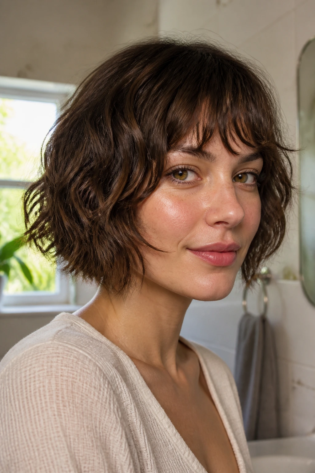 Portrait of a real woman with short shag and bangs, maintaining shape between trims under natural window light