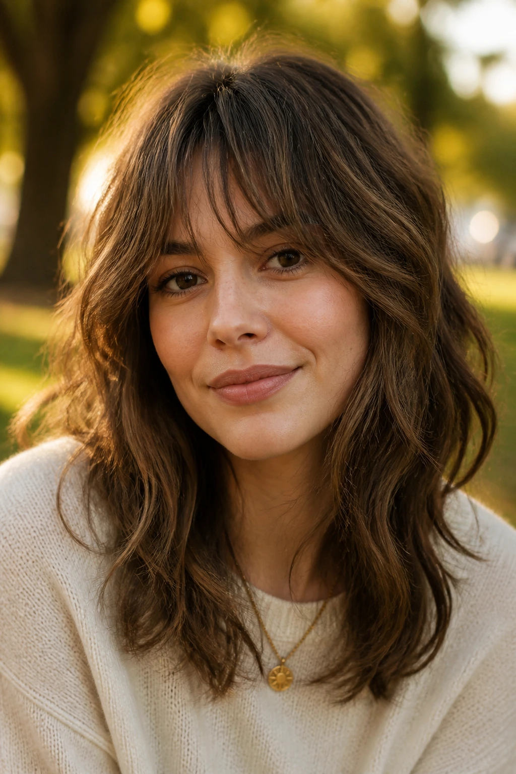 Close-up of a woman with shag bangs blending into layers during golden hour