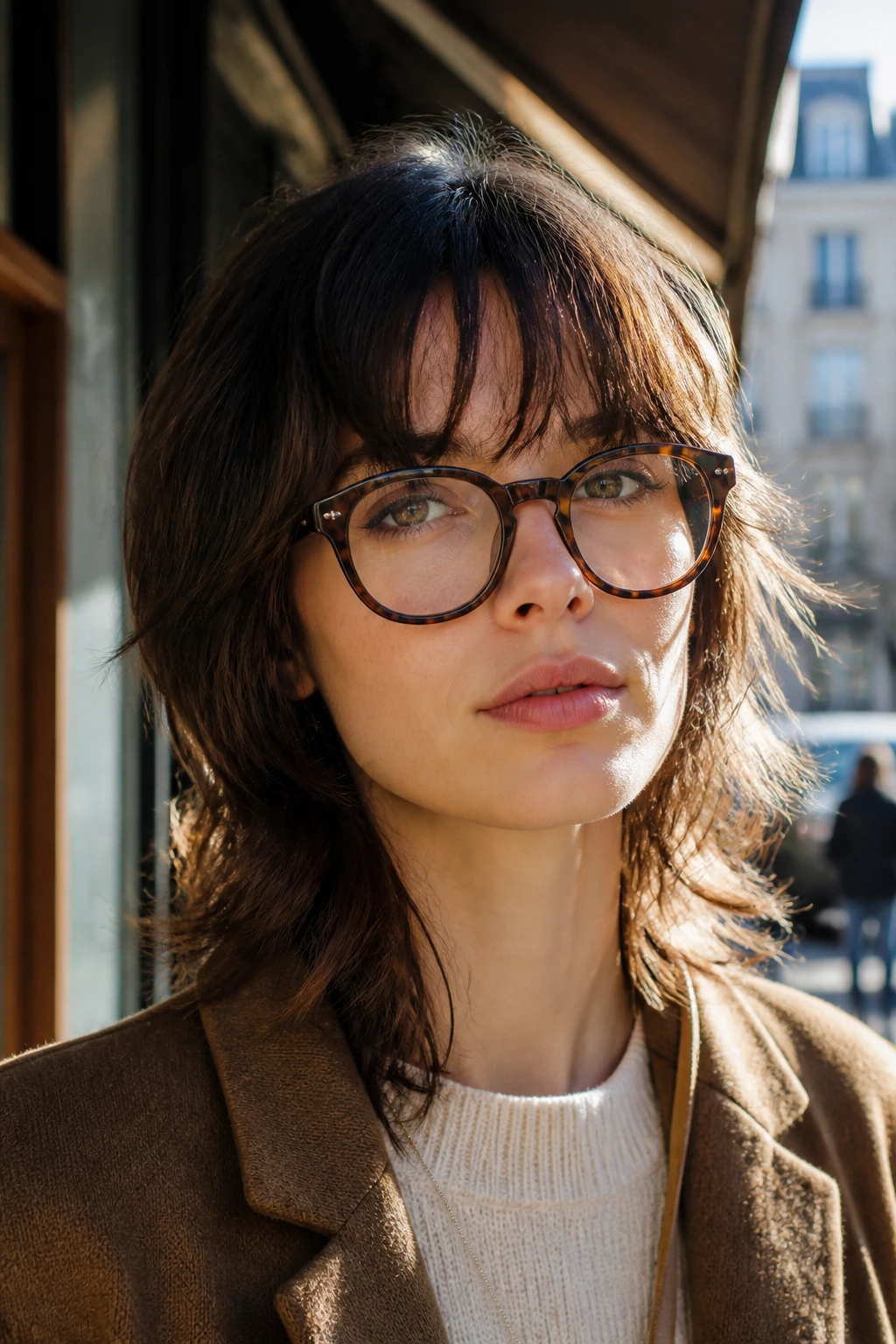 Close-up of a real woman with layered shag bangs and glasses