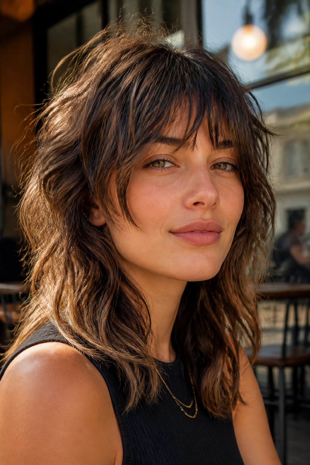 Portrait of woman with shag cut and piecey bangs