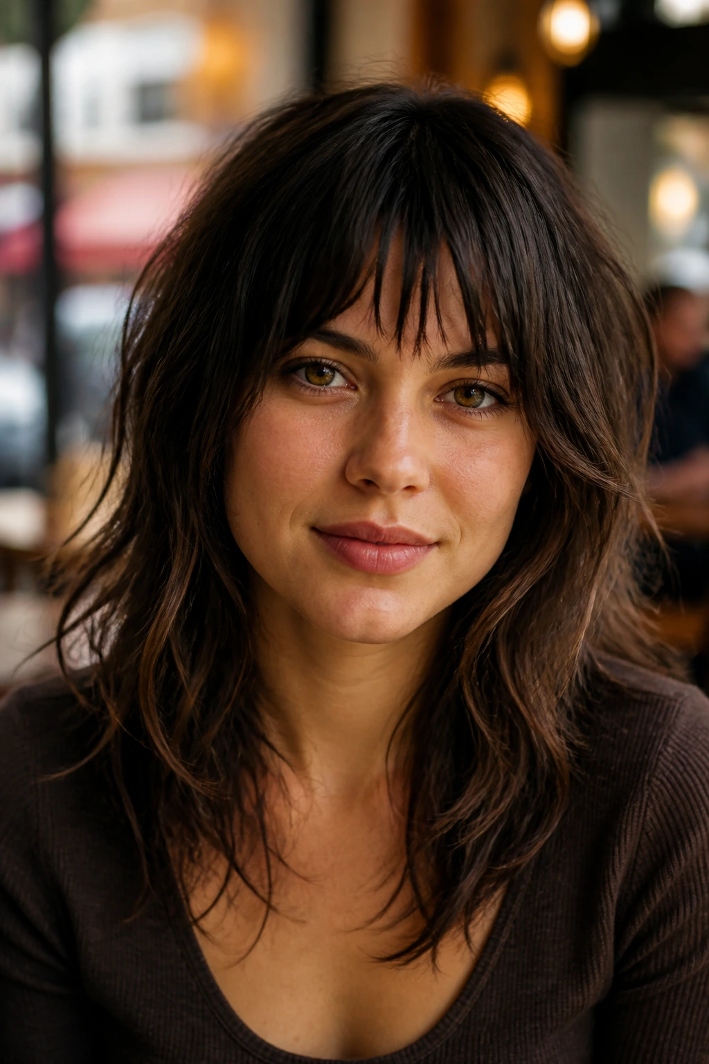 Close-up portrait of a real woman with shaggy layered bangs in a warm cafe setting