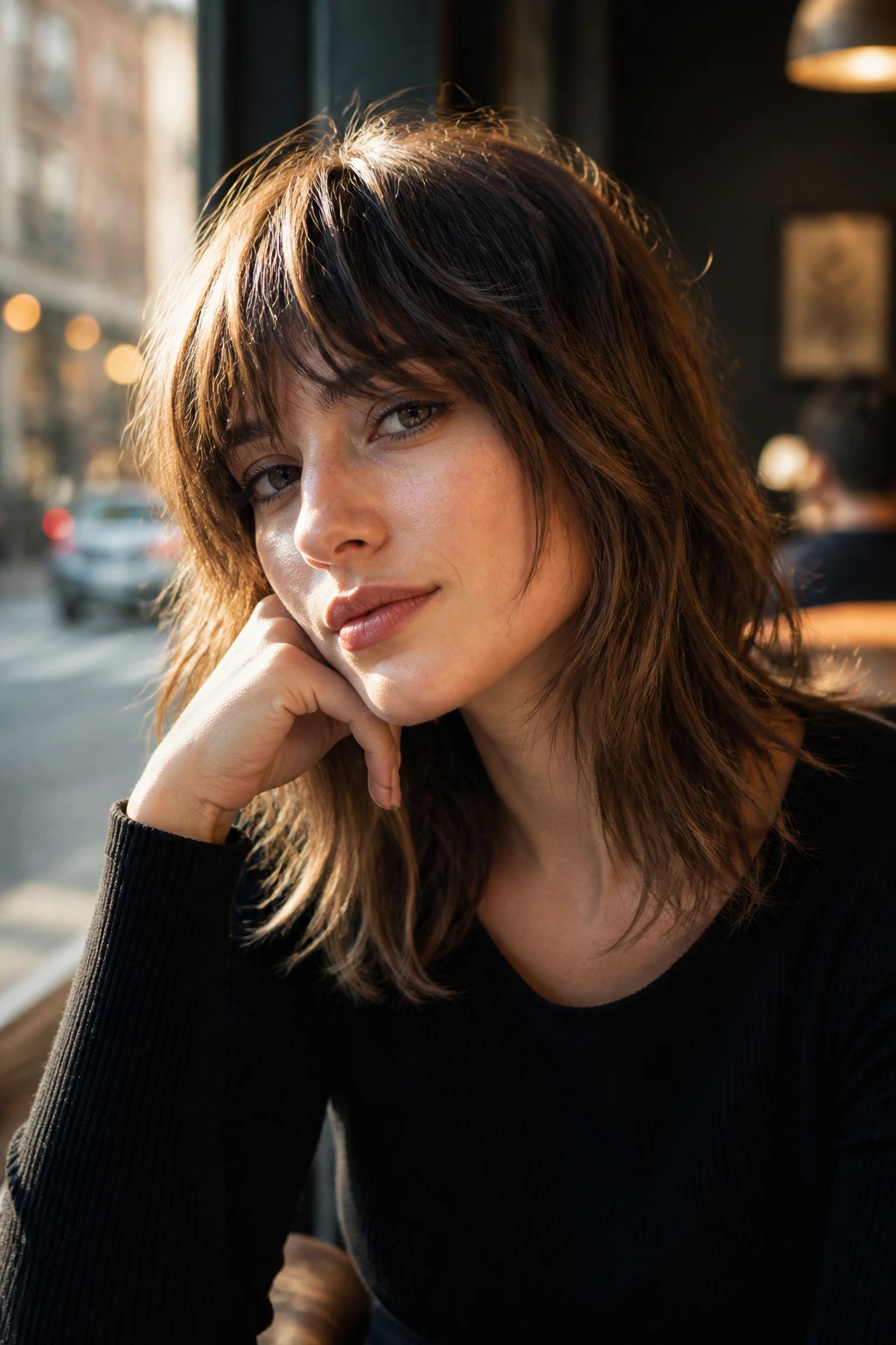 Close-up portrait of a person with shag bangs and layered hair