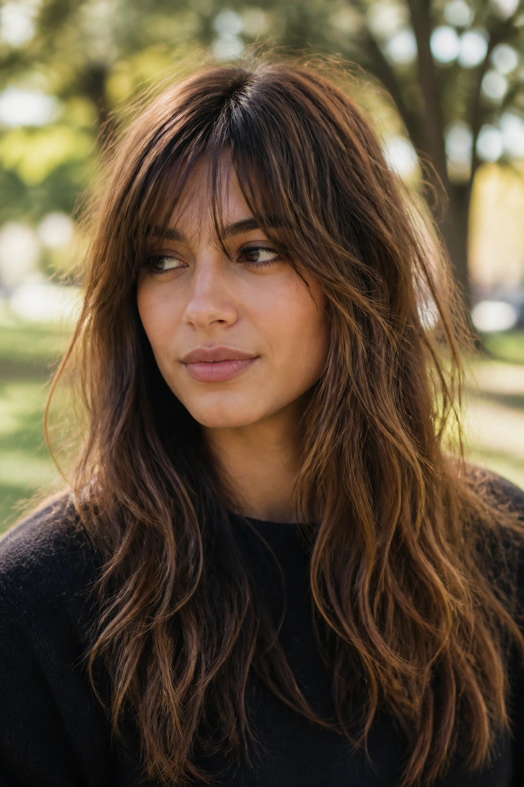 Portrait of a real woman with textured shag bangs and long hair in a sunlit park