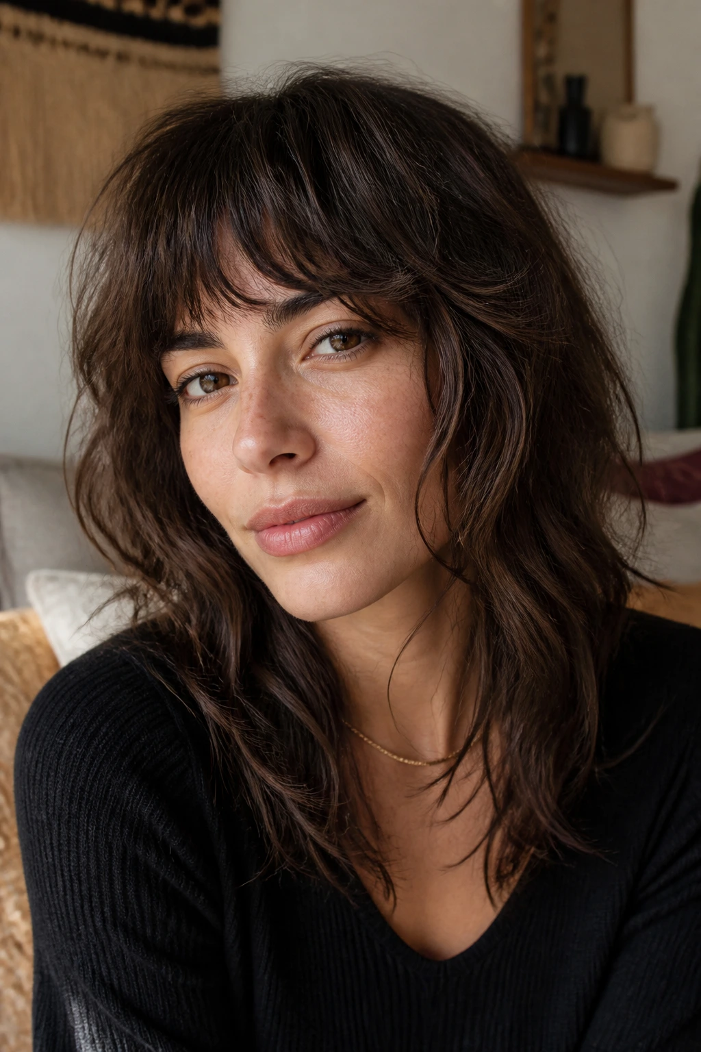 Close-up of a real woman with shag bangs and layered texture