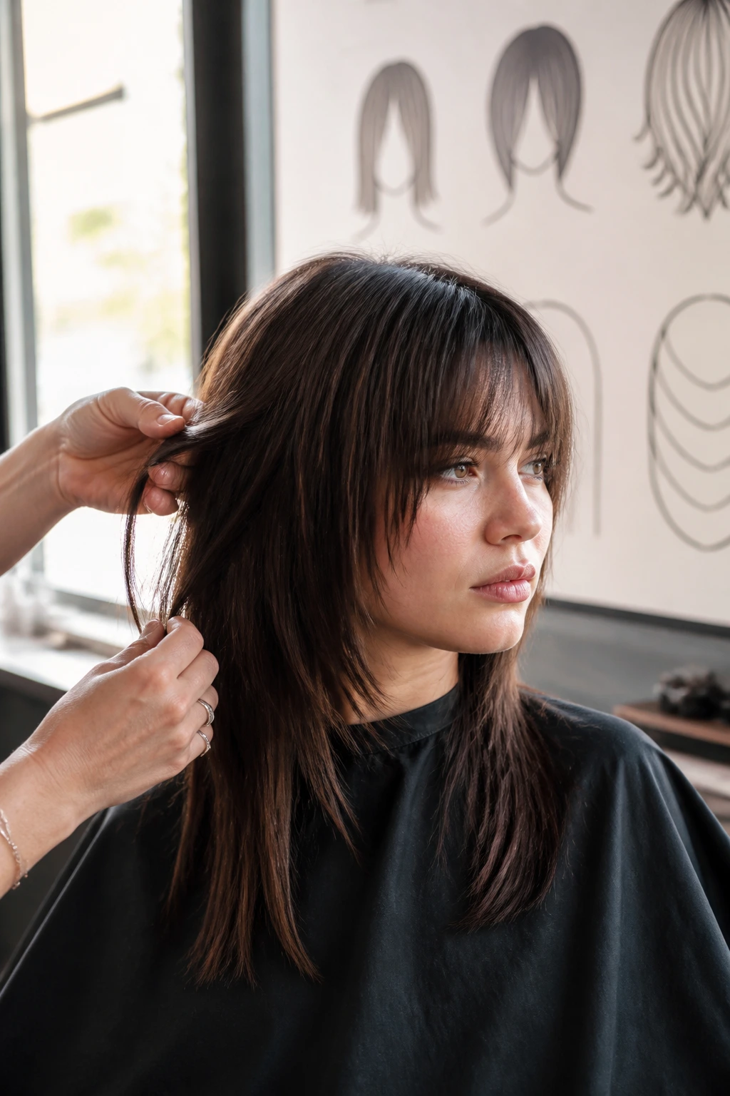 Portrait of client with straight hair in salon as stylist shapes the haircut