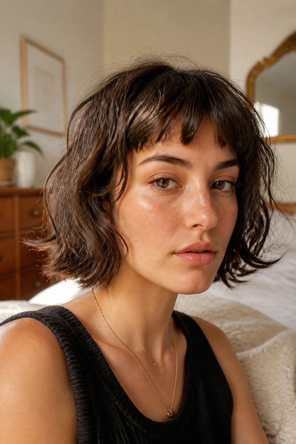 Brunette with shaggy bob and baby bangs in a sunlit bedroom.
