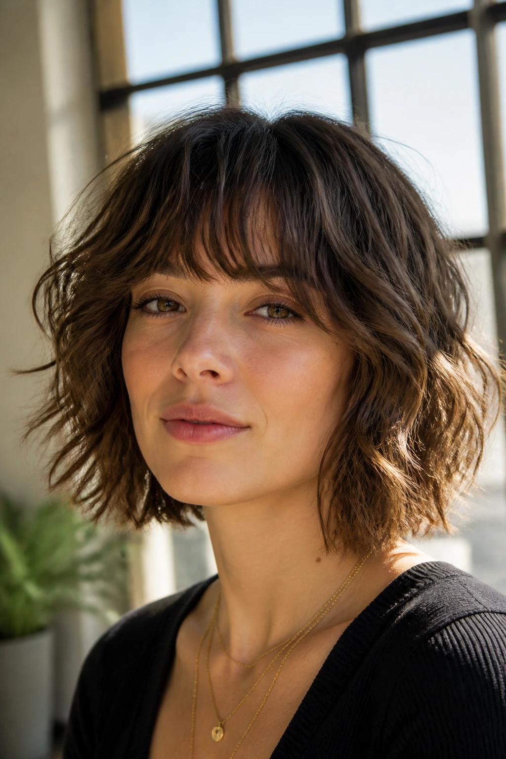 Close-up of a real woman with a medium shag bob and bangs